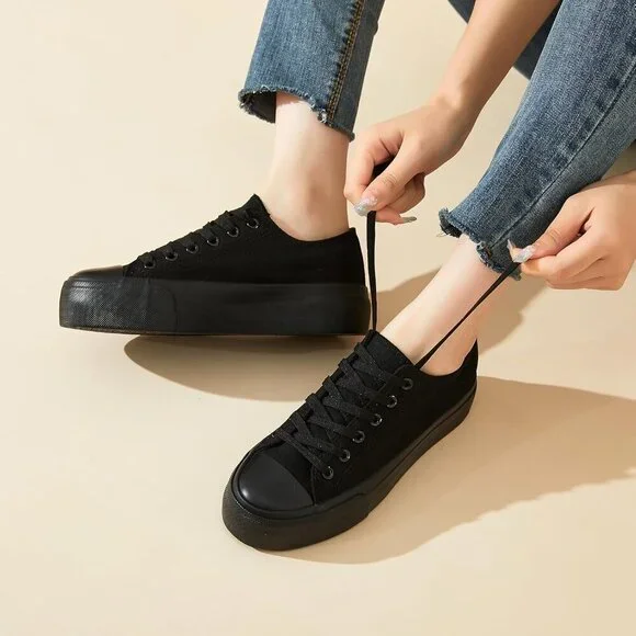 Women Platform Sneakers Canvas Low Top Shoes Slip Resistant Rubber Sole - Picture 4 of 8